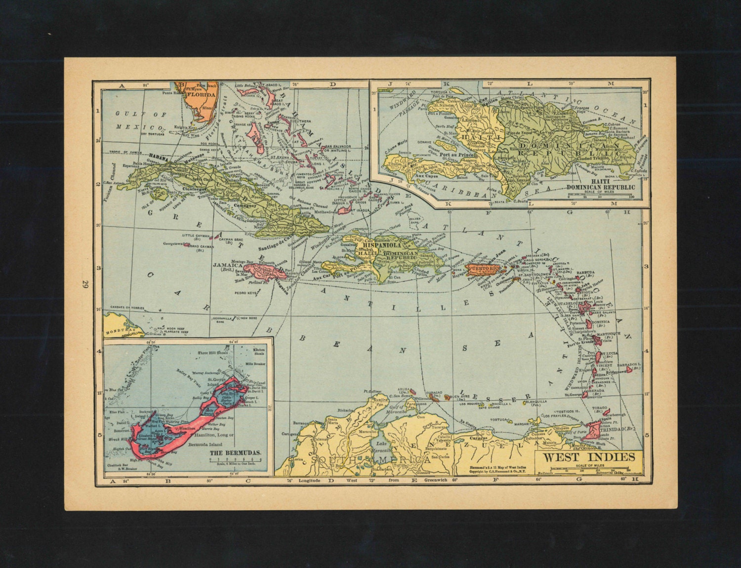 Vintage Map West Indies Caribbean From 1943 Original