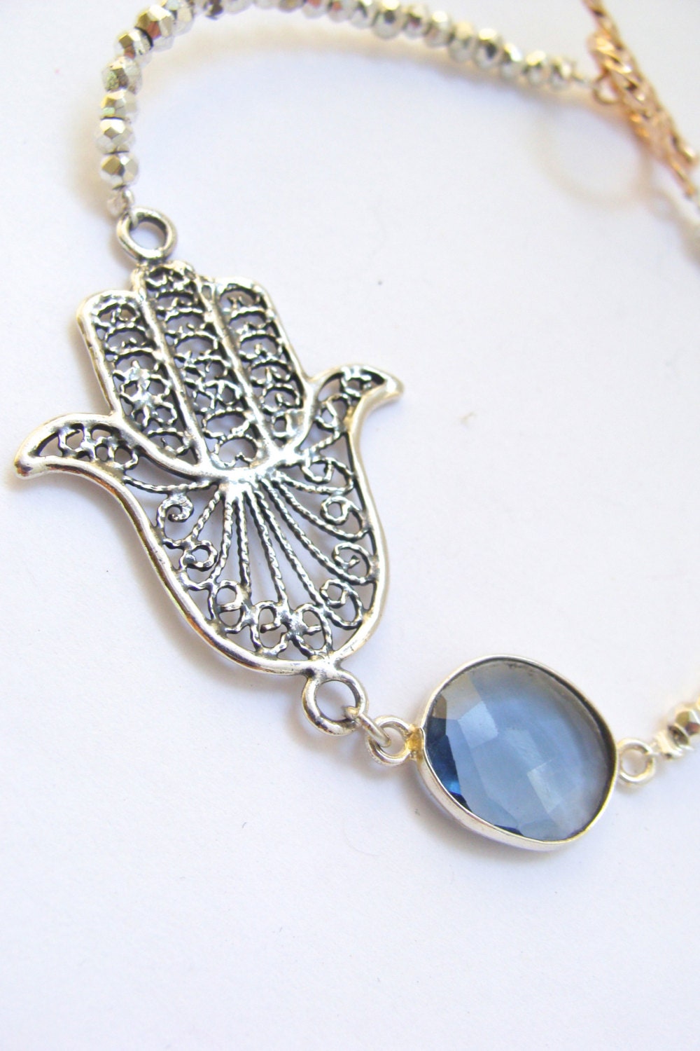 Silver Hamsa Charm Bracelet Rose Gold Accent Sterling