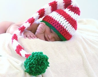 Crochet Baby Elf Hat, Crochet Baby Christmas Hat, Crochet Christmas Baby Hat, Crochet Baby Photo Prop Hat, Long Tail Beanie