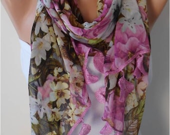 Floral Chiffon Scarf with Lace Edge - Gift
