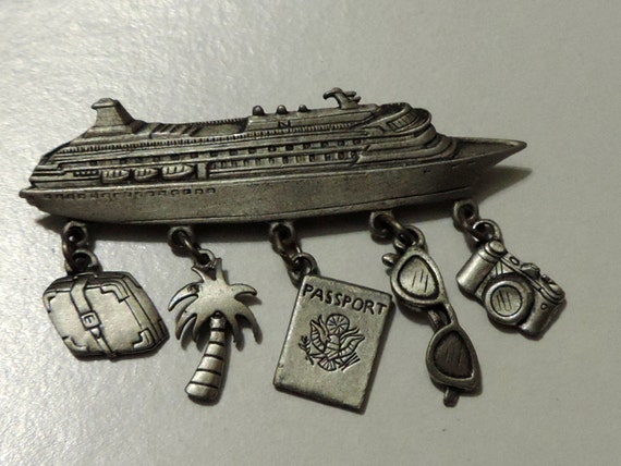 1980s Vintage Jonette JJ Pewter Cruise Ship Brooch with Five Figural Charms a Camera Palm Tree Sun Glasses Passport and Luggage