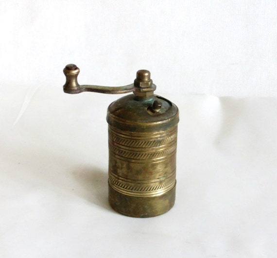 Vintage brass pepper mill pocket size Turkish spice grinder.