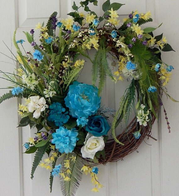 Summer Turquoise Silk Floral Grapevine Wreath Berries Wild