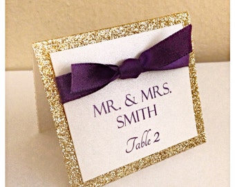 Gold wedding place cards, wedding seating cards, Gold glitter and purple seating card, wedding escort cards, table seating card, dark purple