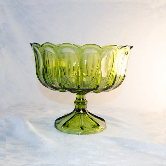 Vintage Anchor Hocking Fairfield Avocado Green Glass Compote