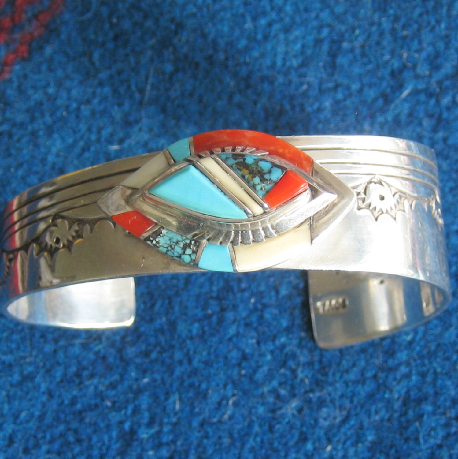 Vintage Turquoise Coral Inlaid Sterling Silver Cuff Bracelet