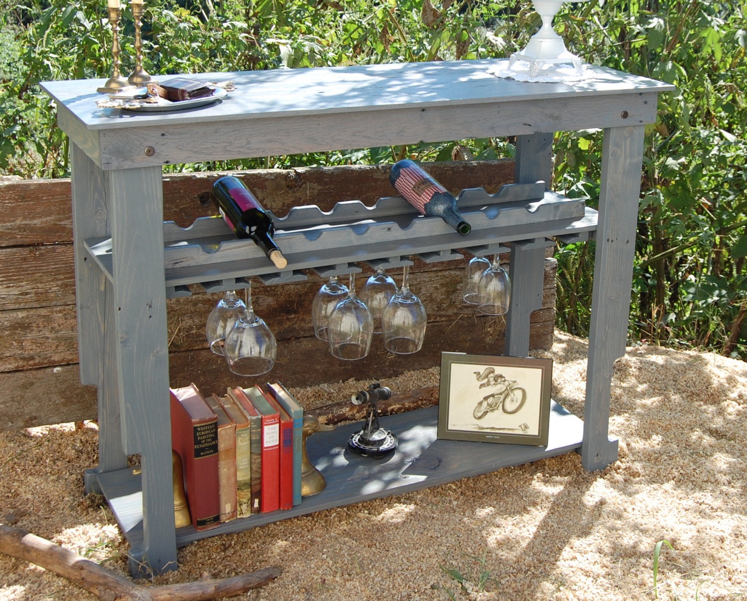 Wine Rack Table/ Modern Bar/ Console/ Buffet/ Weathered Gray