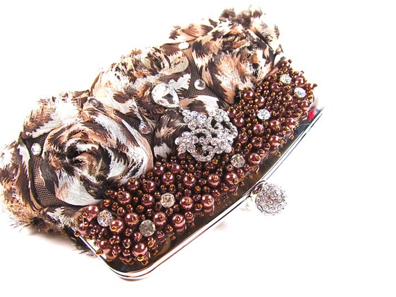 Leopard Rosette Rhinestone Clutch, Bridal Statement Clutch, Organza Pearl Evening Purse