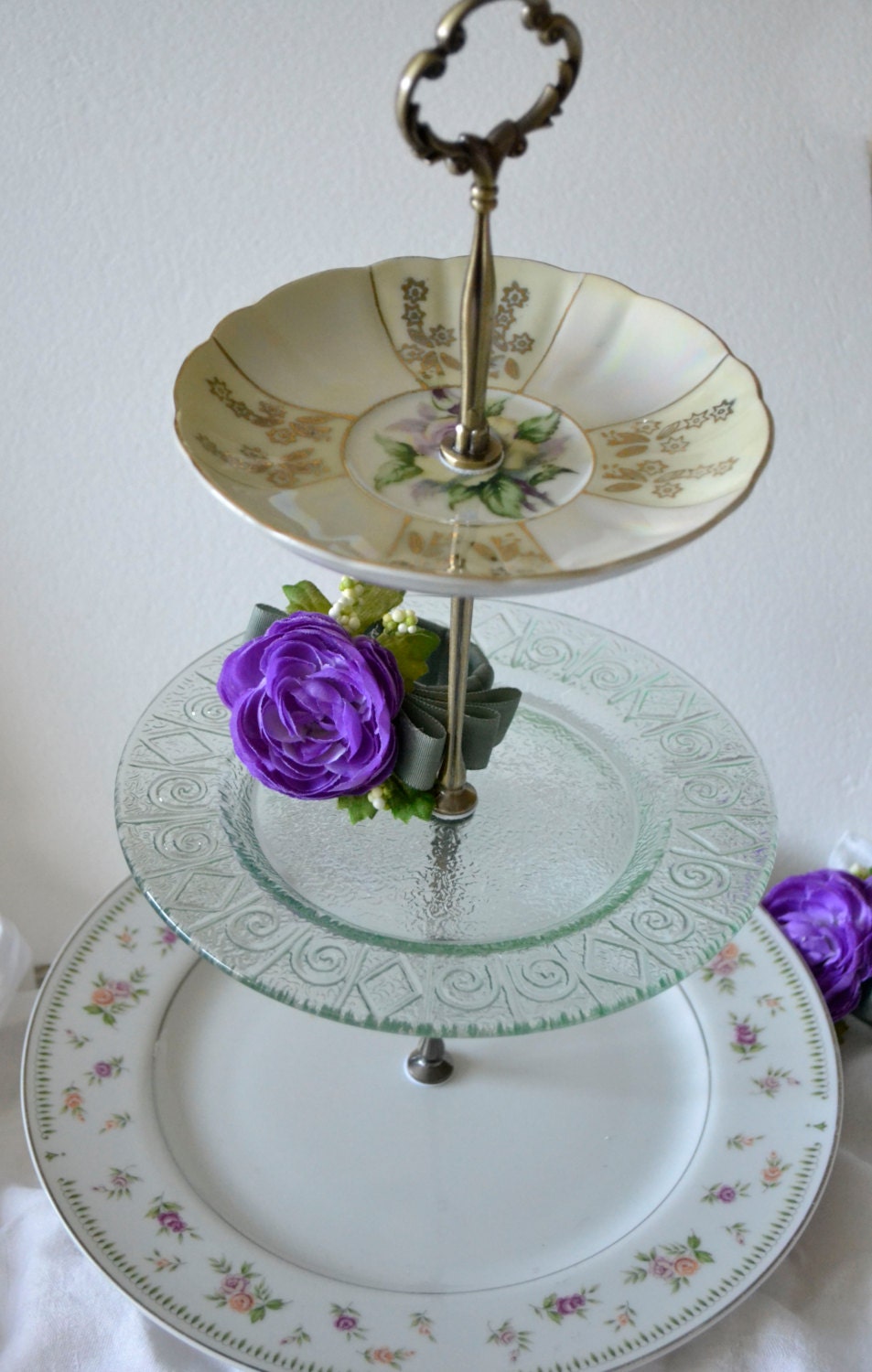 Three Tiered Cake Stand Pale Green Glass Plate 3 Tier