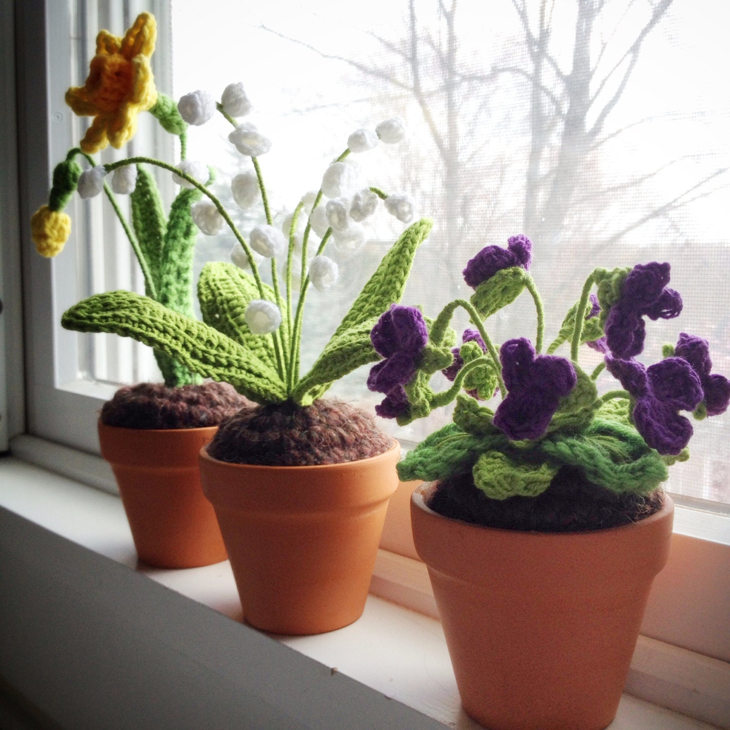 Mini Crochet Daffodil in terra cotta pot Narcissus