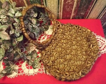 70s Style Boho Wooden Beaded Handbag, Made in Korea, Vintage Novelty Bag