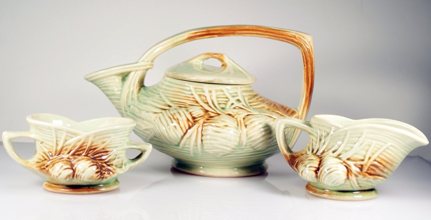 Vintage McCoy Pottery Pine Cone Tea Set Teapot Creamer and