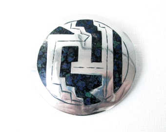 Vintage Aztec Sterling Silver Mosaic Circular Brooch Pendant Made In Mexico