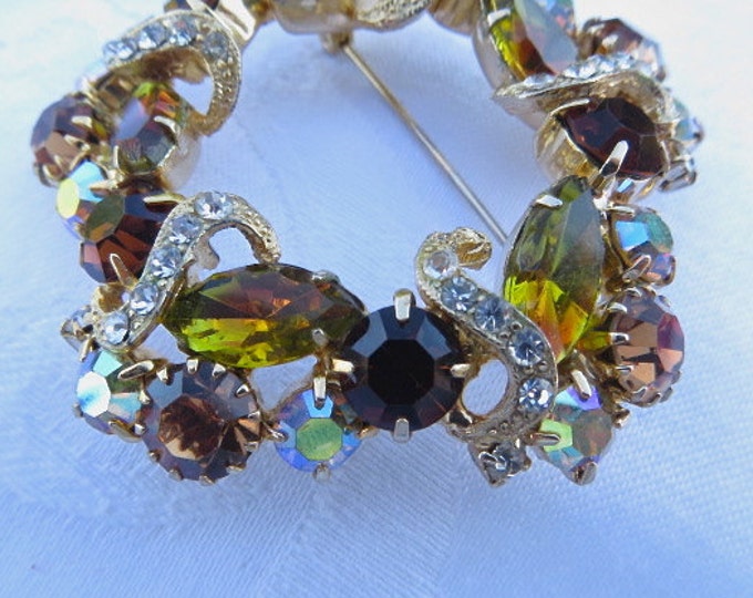 Rhinestone Brooch, Navette and AB stones, Green Amber Stones, Vintage Rhinestone Pin