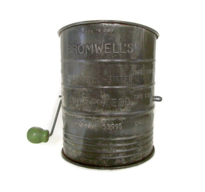 Vintage Bromwell Flour Sifter Metal with Green Wooden Handle