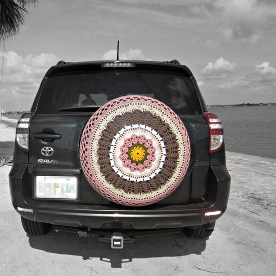 Pink and Brown Crocheted Spare Tire Cover with a Vintage Vibe