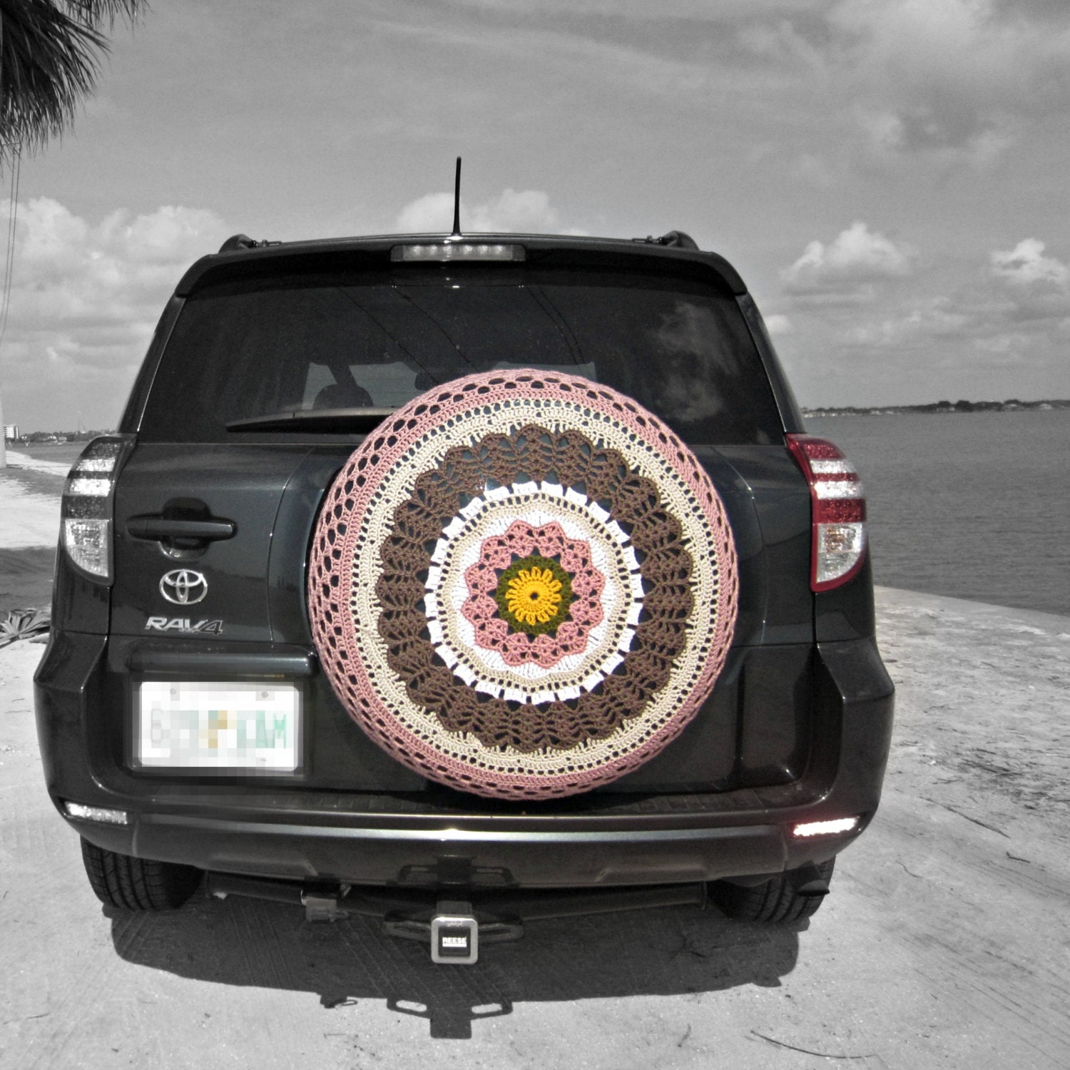 Pink and Brown Crocheted Spare Tire Cover with a Vintage Vibe