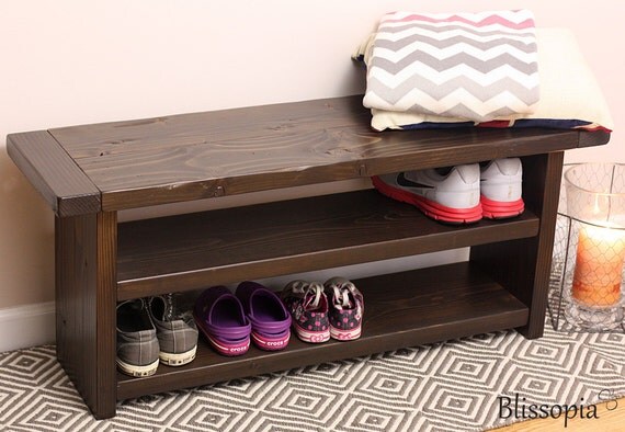 Items similar to Storage Bench with 2 Shelves, Wood Bench 