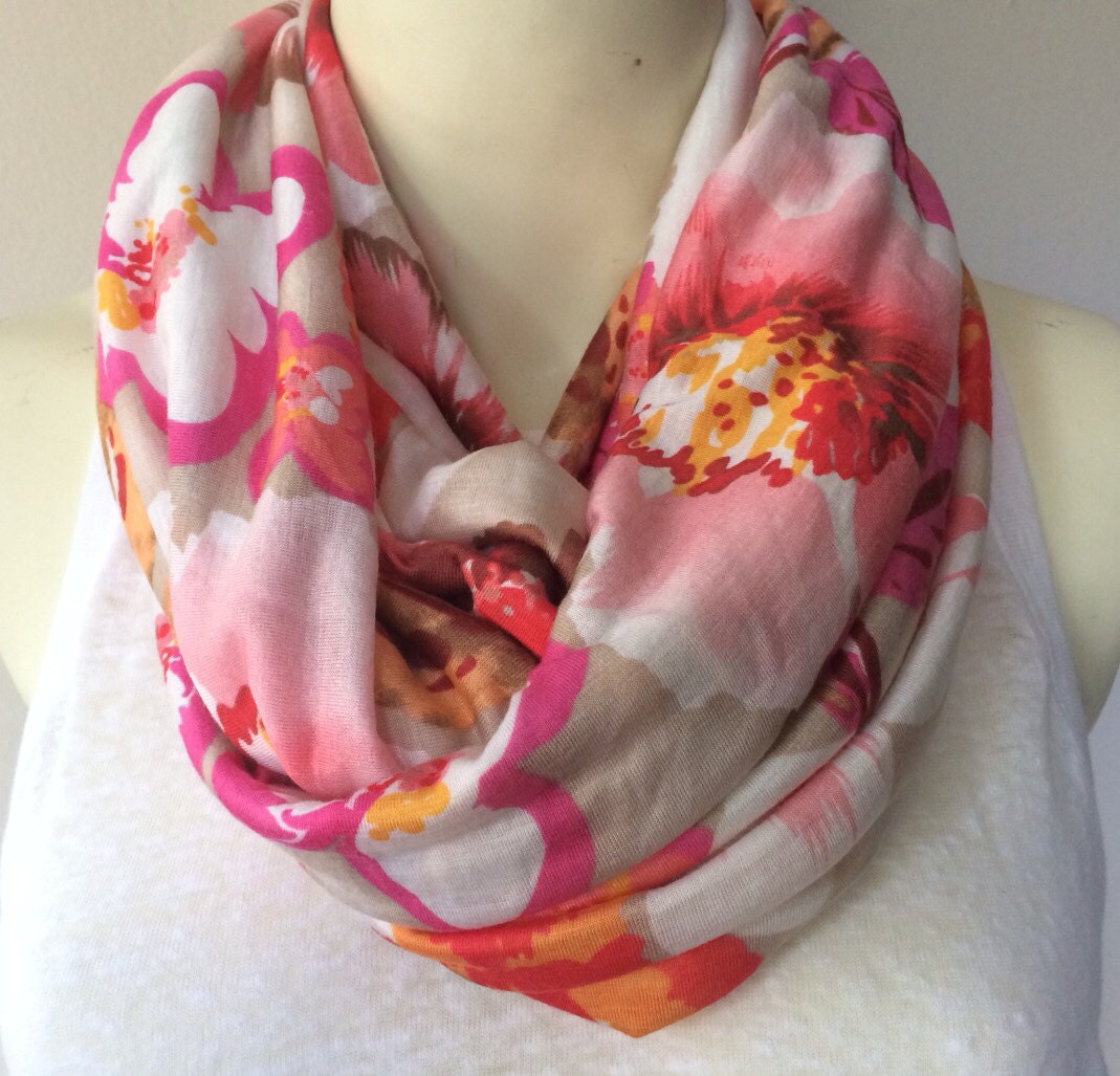 Pink Orange and Taupe floral scarf lightweight jersey