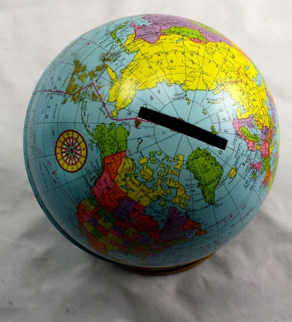 Vintage TIN GLOBE BANK by Ohio Art World Bank