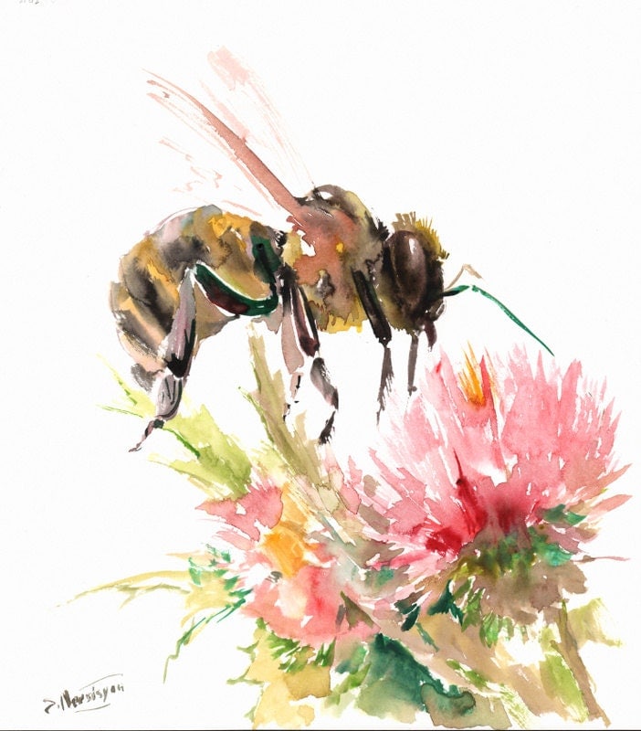 Honey Bee And Flower Original Watercolor Painting By Originalonly