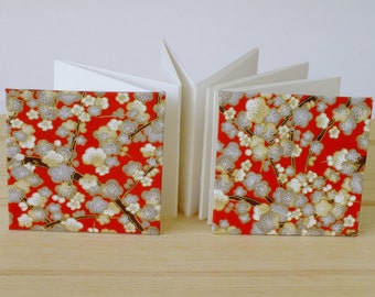Mini 3 x 3 accordion photo album - square brag book - red Japanese flower pattern - concertina bound