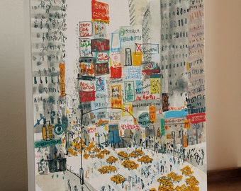 TIMES SQUARE New York City, NYC Canvas Art Print from Mixed media Painting by Clare Caulfield, Broadway Manhattan New York Taxi, Skyscrapers