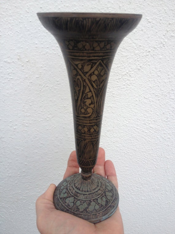 Copper Trumpet Vase Vintage Patina rustic etched relief flower
