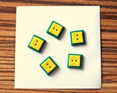 Five very cute small buttons: green with purple, made of polymer clay