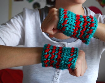 Turqouise and Red Crochet Fingerless Gloves/ Crochet Gloves/Winter Wear/ Cute Fingerless Gloves