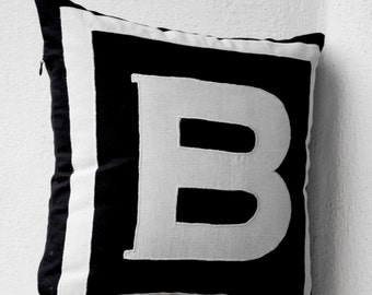 Personalized Monogram Pillow cover,  black letter pillow, Alphabet throw pillow, Typography cushion, Black White Cotton pillow, 16x16, gifts