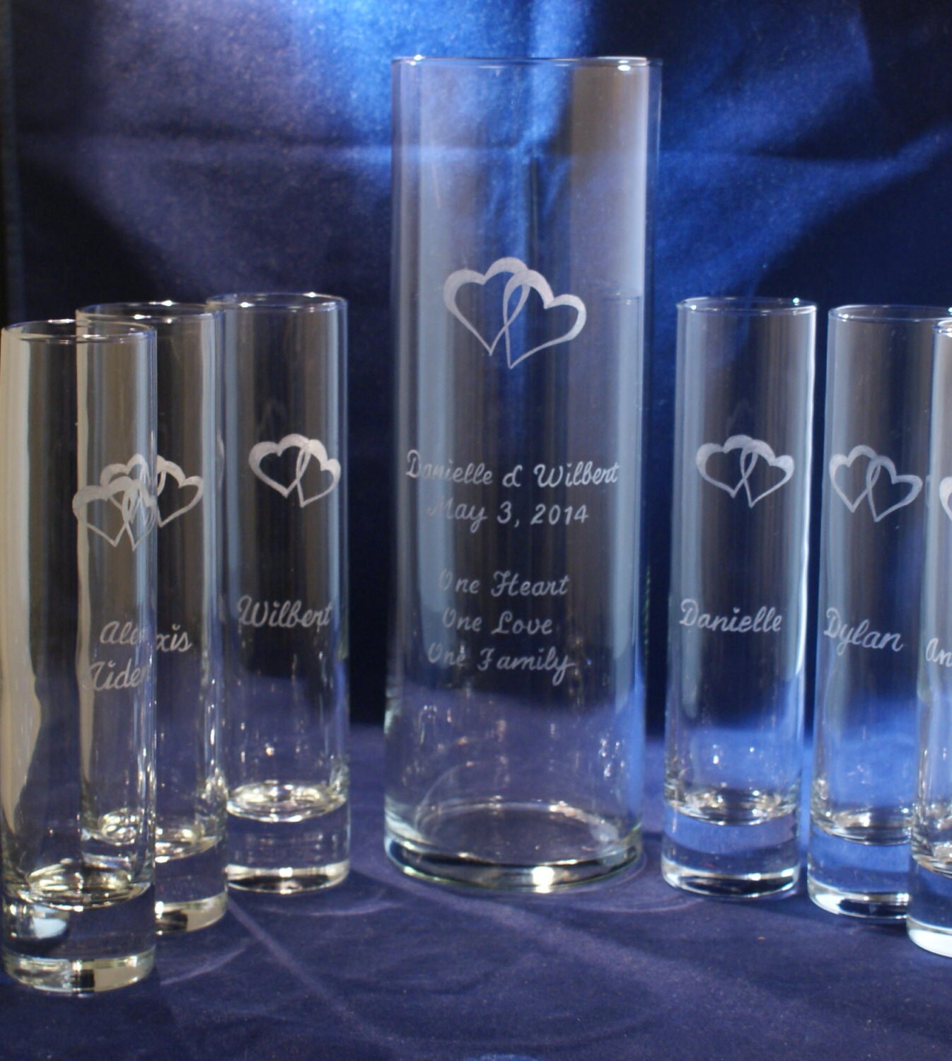 6 Piece Sand Ceremony Set with 10 x 3 Main vase Engraved
