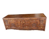 Antique Indian Chest Hand carved teak Drawer cabinet media console bench floral carvings brass knobs