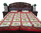 India Bedroom Bedding Bedspread Cotton Red White Green Bedsheet