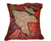 Vintage Cushion Cover Beaded Sari Patch Pillow Sham