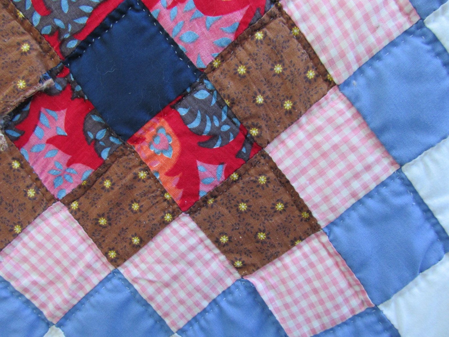 Vintage BLUE & WHITE CHECKERBOARD Quilt Hand-Pieced