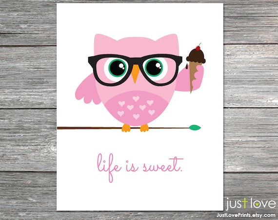 Items similar to Cute Hipster Owl Eating Ice Cream - Life ...