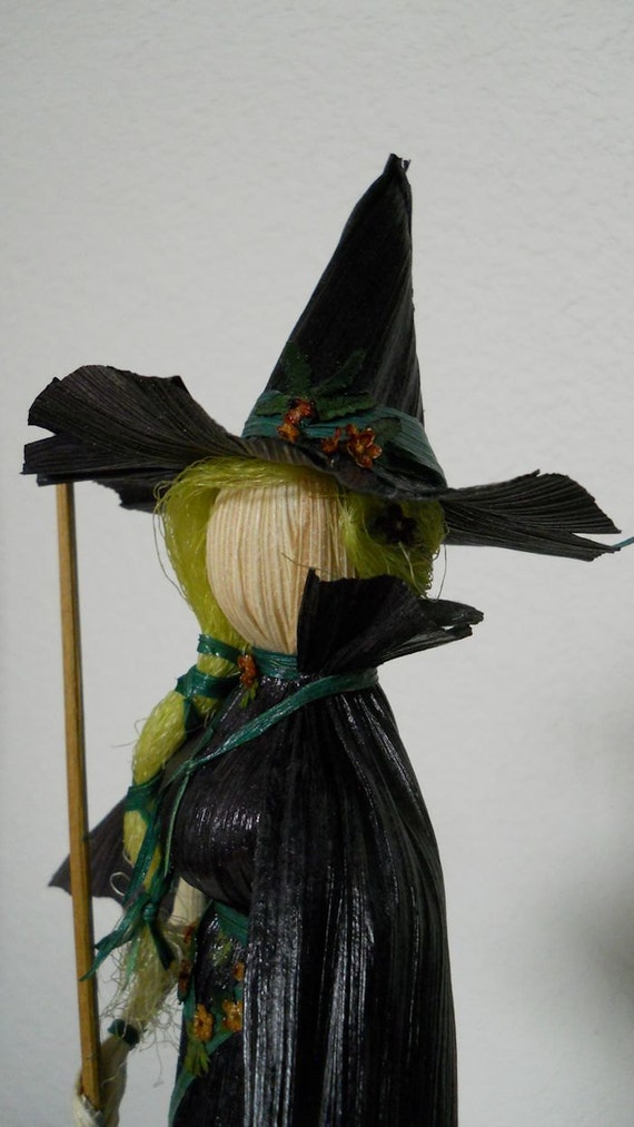 Elegant Corn Husk Witch Art Doll with Broom and by LacyLeafStudio