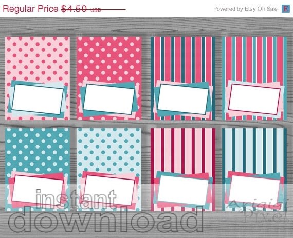 WEEKEND SALE 50% OFF 8 pink teal party cards printable tent card, buffet, place setting in polka dot and stripes pattern instant download Il_570xn