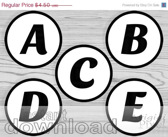 WEEKEND SALE 50 % OFF Printable Circle Alphabet Number Black White for Personalized Party Banner instant download Il_570xn