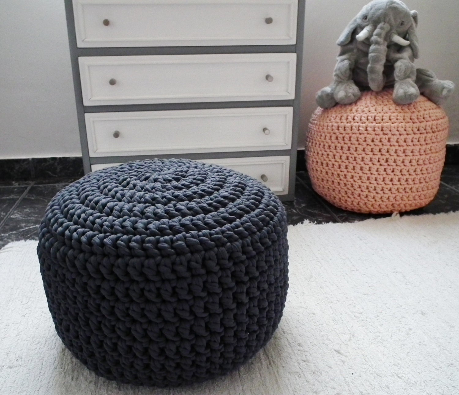 Dark Solid Grey / Charcoal Pouf Ottoman Grey Pouf-Crochet