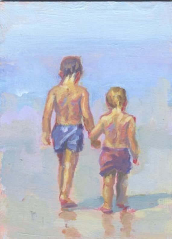 acrylic painting on masonite two little boys walking to the