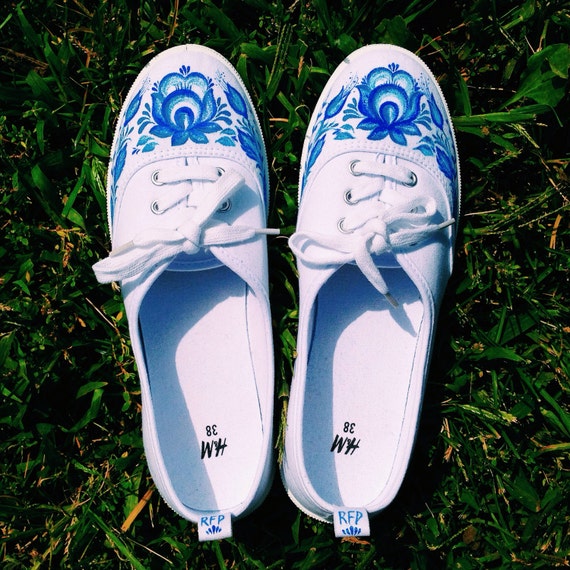 Items similar to Hand Painted Canvas Shoes in Russian Folk Style "Gzhel