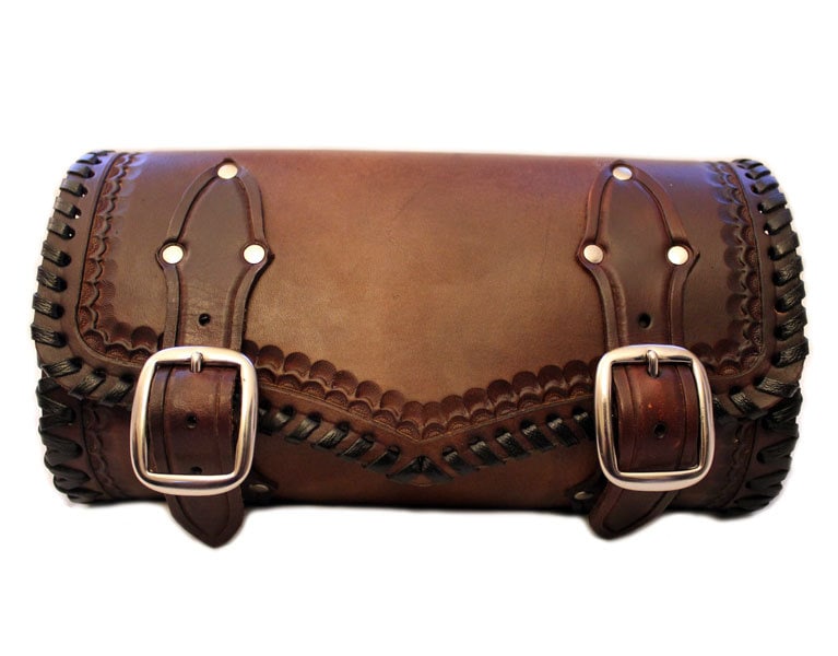 Custom Hand Tooled Leather Motorcycle Tool Bag / Brown Leather