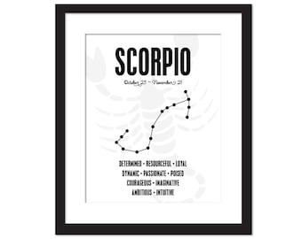 Scorpio Personality Character Traits - Constellation Star Astrology Zodiac Astronomy Art - Typography Poster - 8x10 Wall Art - Birthday Gift