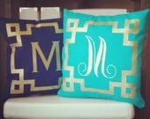 Monogram Throw Pillow Cover - Dark Teal Navy Metallic Gold or Silver Monogram