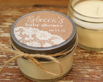 Set of 12 - 4 oz Baby Shower Favor Candles - Burlap & Lace Label - Girl Baby Shower Favor // Boy Baby Shower Favors // Soy Candle Favor