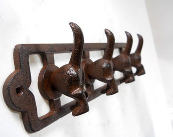 Cast Iron 4 Hook Dog Tail Leash, Collar, Key, Coat or Hat Rack