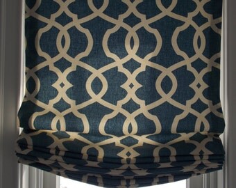 Childsafe Custom Relaxed Roman Shade traversing clutch Magnolia Home Emory Yacht navy indigo, brown, lime, orange, silver, grey, childsafe