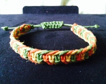 Macrame Hemp Bracelet Green Yellow and Orange Handmade and Adjustable